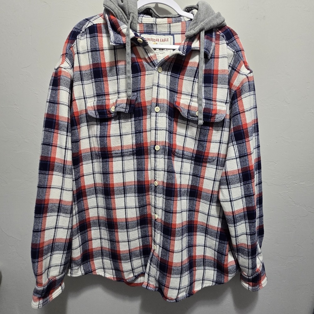 American Eagle Jacket Mens 3X Hoodie Plaid Button Shacket Hood